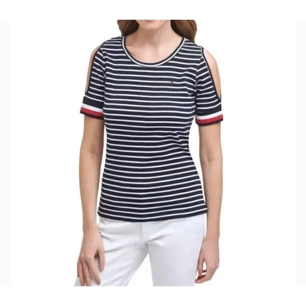 Tommy Hilfiger Women Short Sleeve Cold Shoulder Striped Top Size M